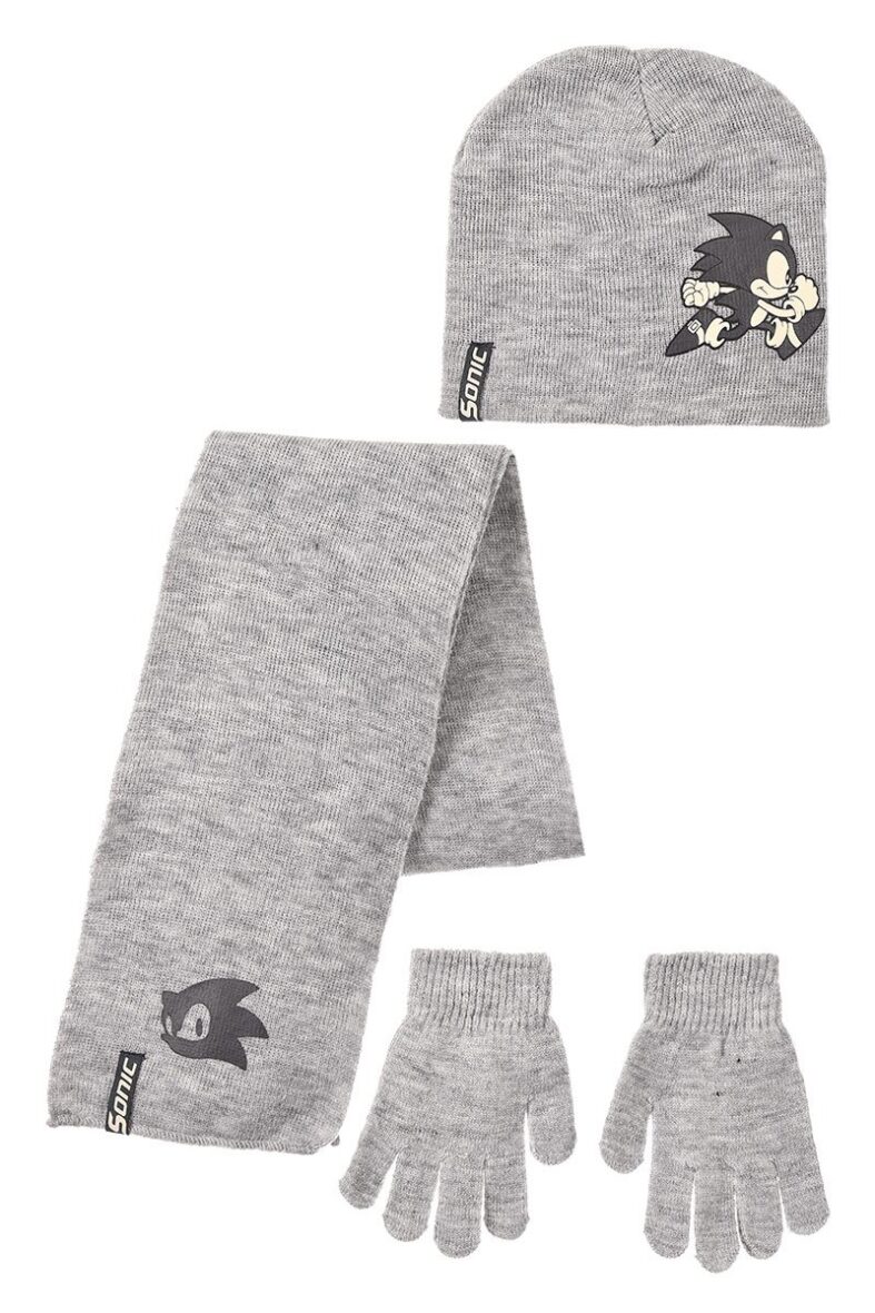Sonic gorro, guantes y bufanda gris
